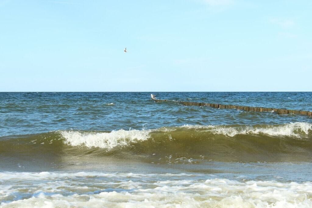 A view of the ocean with waves and a wooden jetty extending into the water.