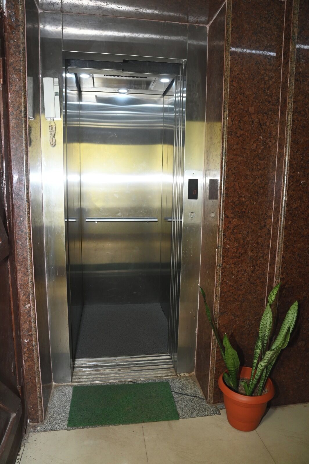 Elevador com visor digital, tapete verde na entrada e planta em vaso ao lado.
