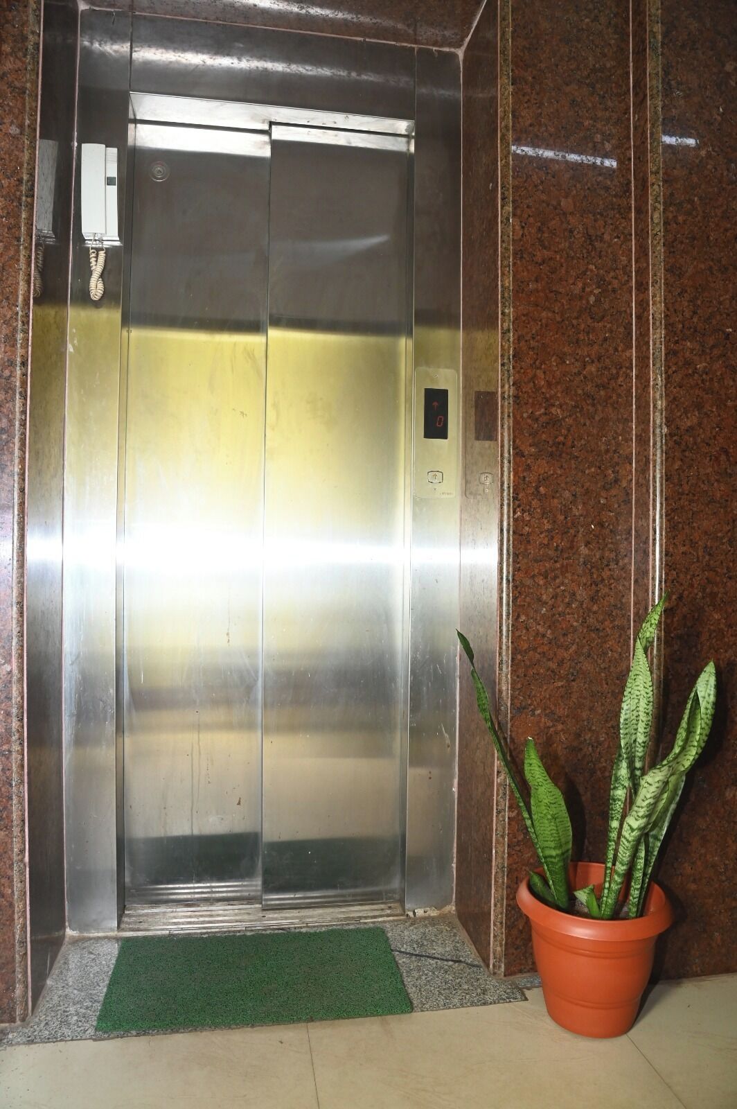 An elevator with a digital display, a green mat at the entrance, and a potted plant beside it.