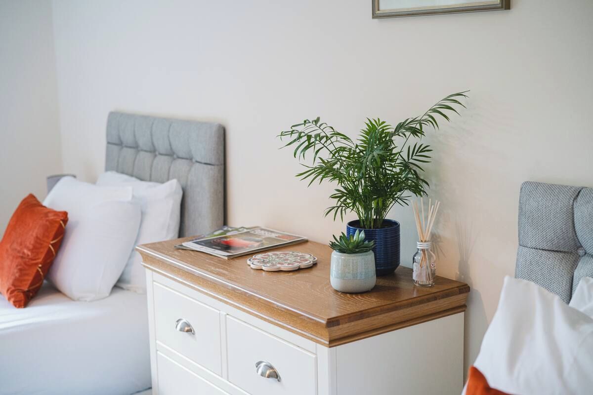 A neatly arranged bedroom with a bed, bedside table, and a potted plant.