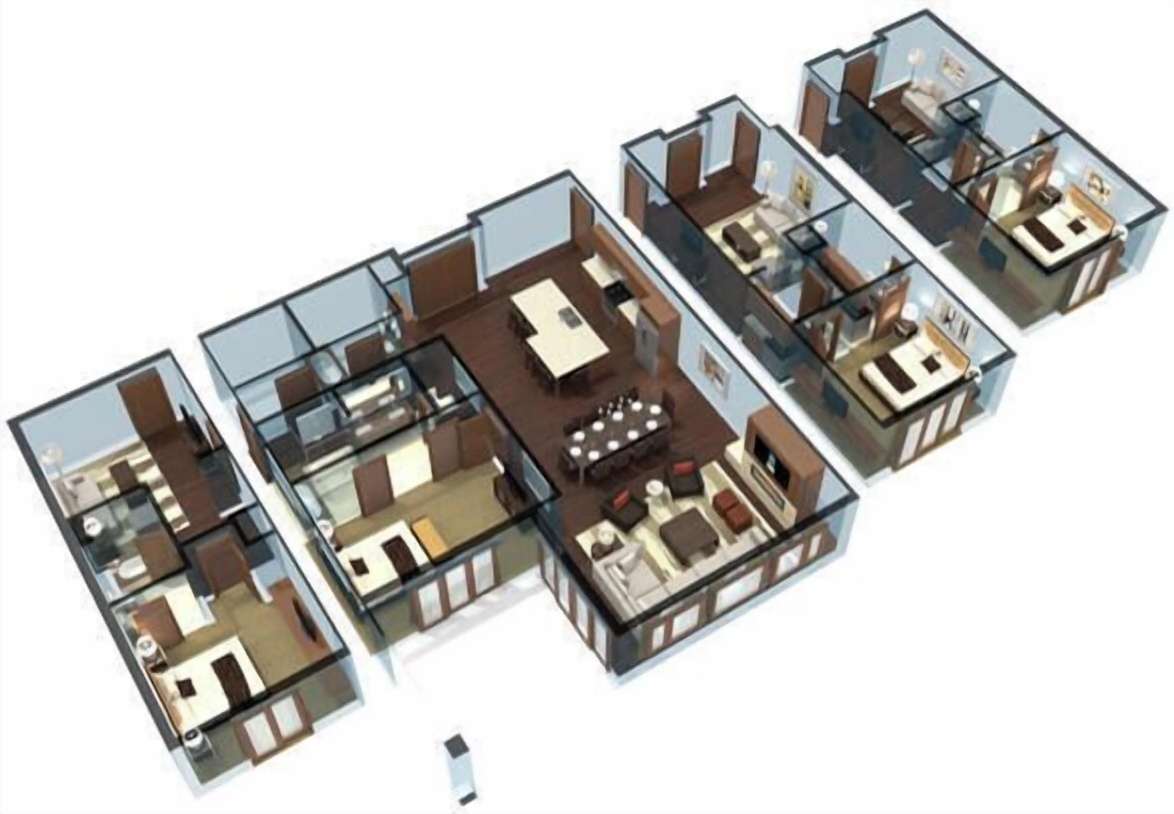 Un modelo 3D de un apartamento moderno con varias habitaciones, un área de estar y una cocina.