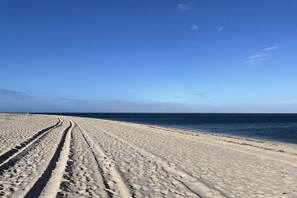 A sandy beach with tire tracks leading to the water. - Holiday apartment with 1 bedroom (Wenningstedt-Braderup (Sylt))
