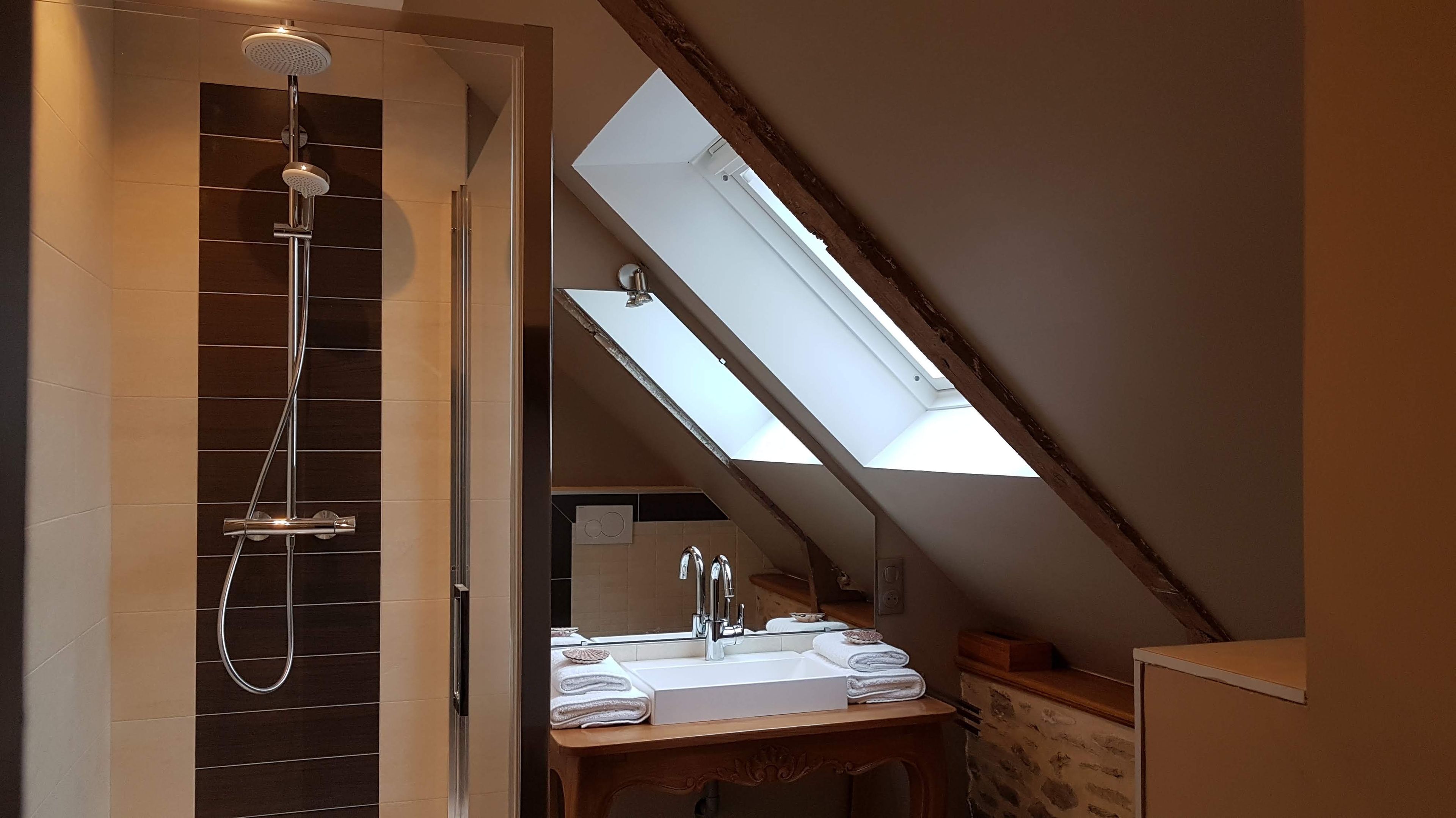 A bathroom with a skylight, a shower, and a sink with towels.