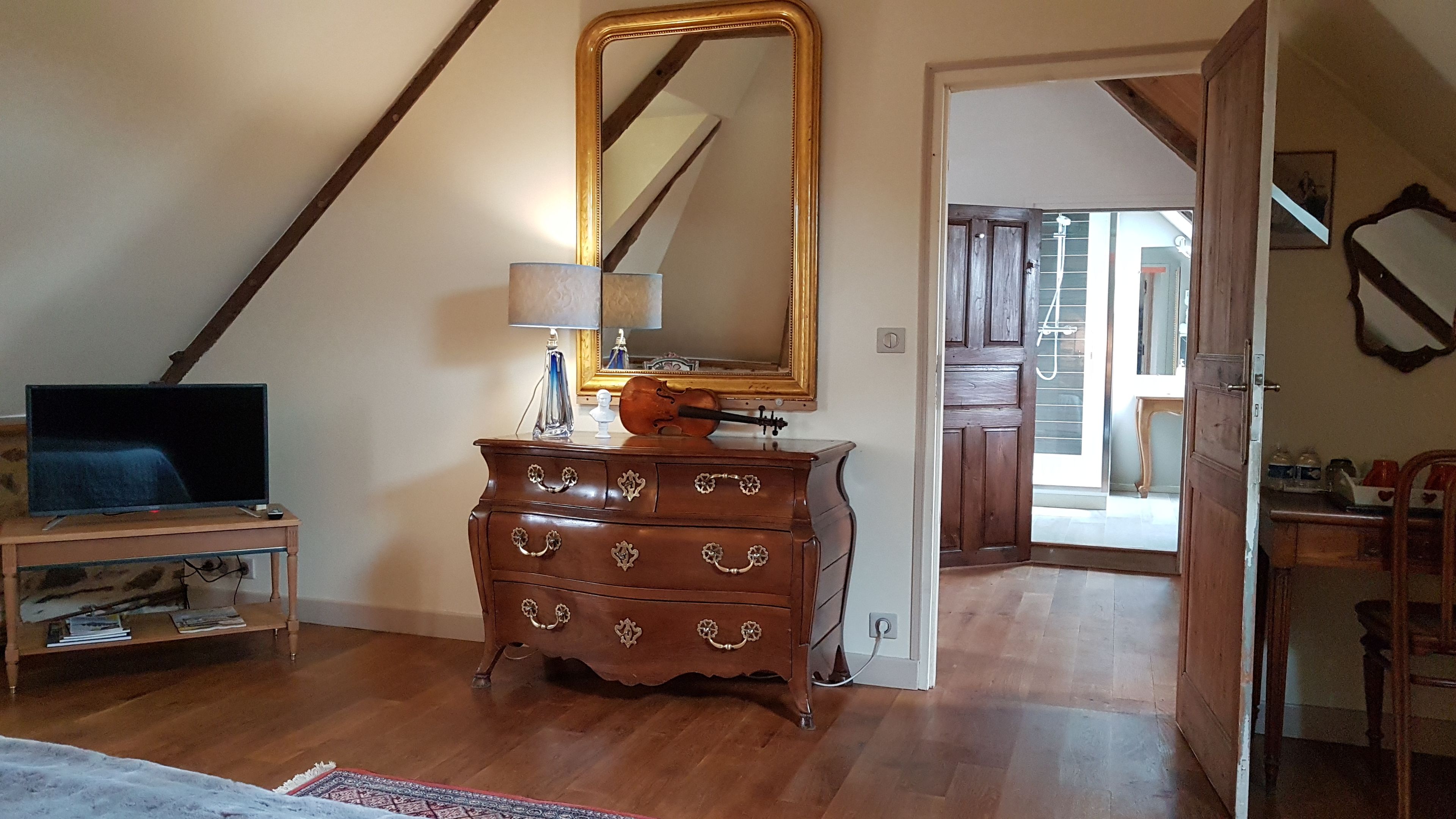 Une pièce comprenant une commode en bois, un téléviseur posé sur un meuble, un miroir et une porte donnant sur une autre pièce.