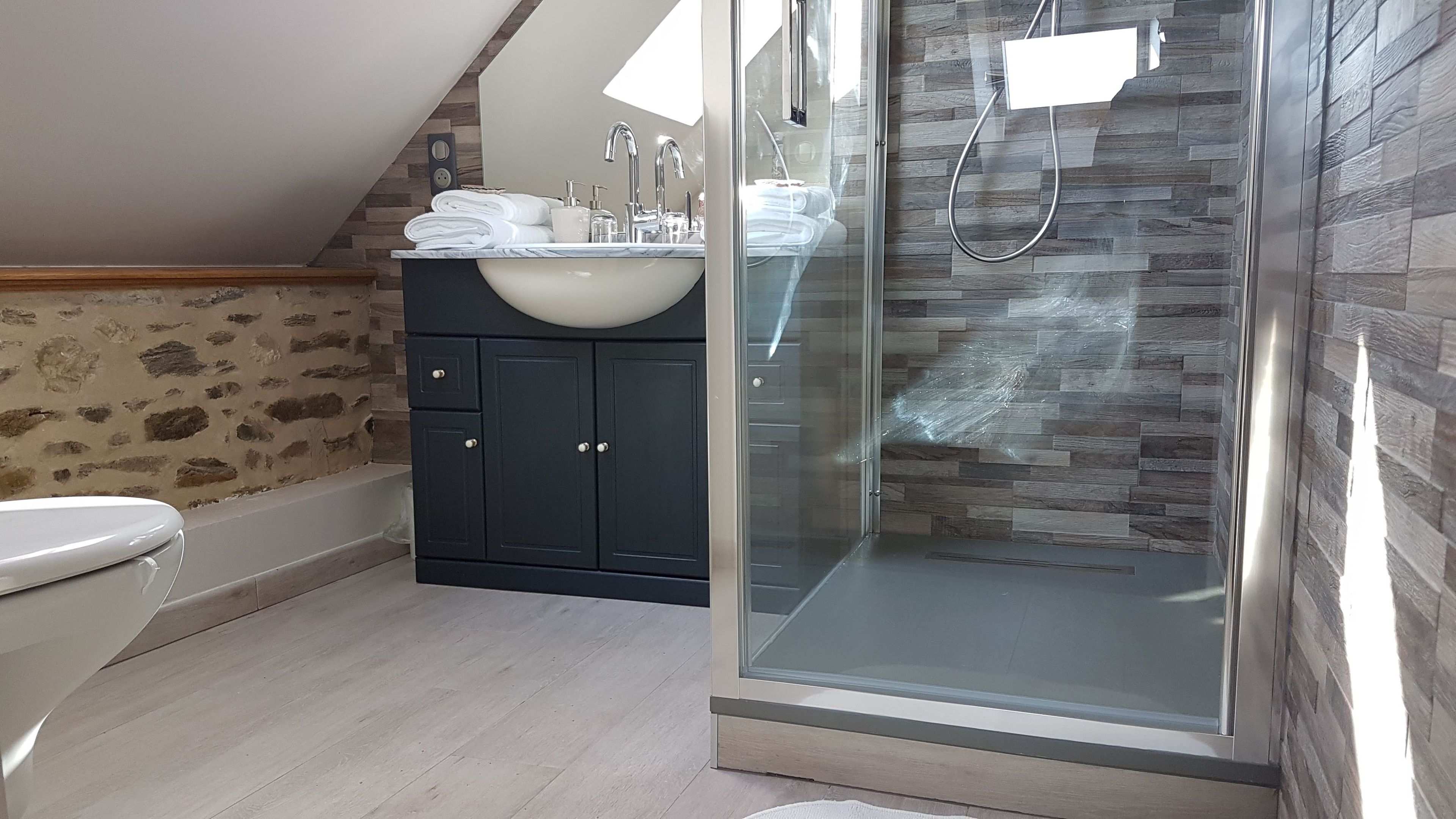 A modern bathroom with a glass-enclosed shower, a vanity with a sink, and a toilet.
