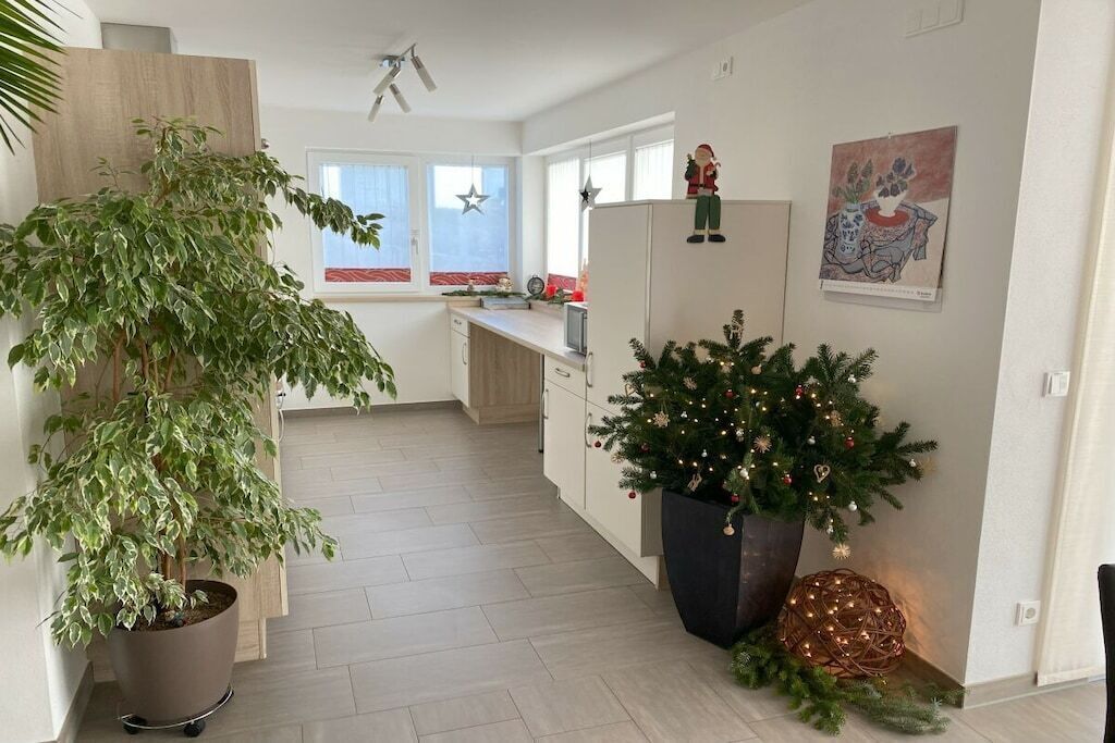 A modern kitchen with a potted plant, a Christmas tree, and holiday decorations.