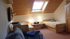 Een kleine, knusse kamer met een schuine kap, dakraam, een bed, een bank en een bureau met een computer.