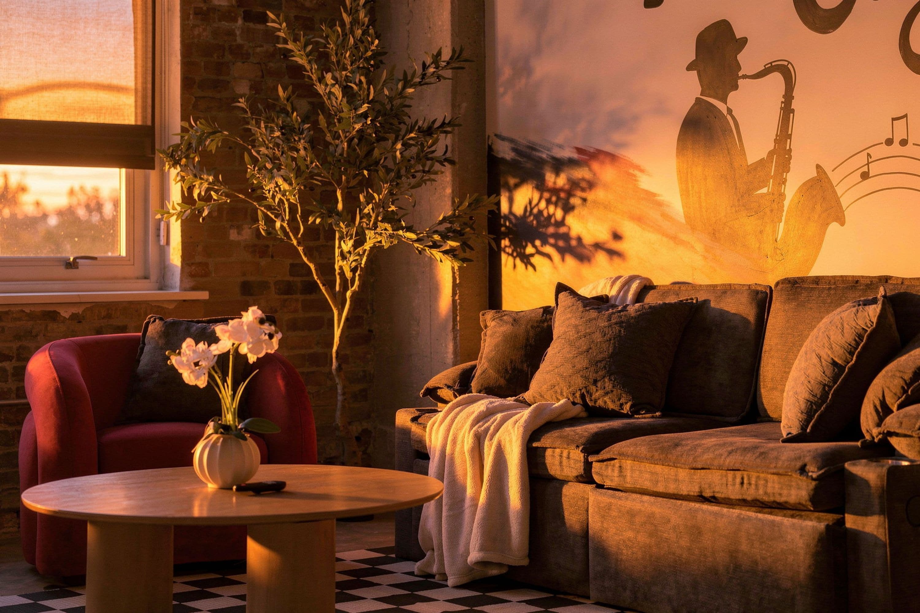 A cozy living room with a red armchair, a sofa, a round coffee table, and a vase of flowers.