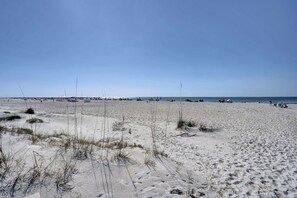 Une vaste plage de sable fin, avec une végétation clairsemée et un ciel bleu dégagé.