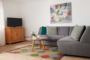 A living room with a grey sofa, a wooden cabinet, a television, and a colorful rug. - Type B | House Hornblick (Oberstdorf - Schöllang)