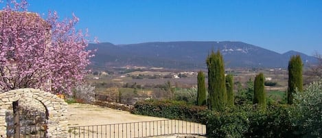 Une piscine en pierre, bordée d’un muret en pierre et protégée par une clôture métallique, le tout entouré de verdure et offrant une vue sur des montagnes lointaines.
