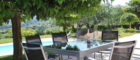An outdoor dining area with a glass table and chairs, surrounded by lush greenery and a view of a swimming pool.
