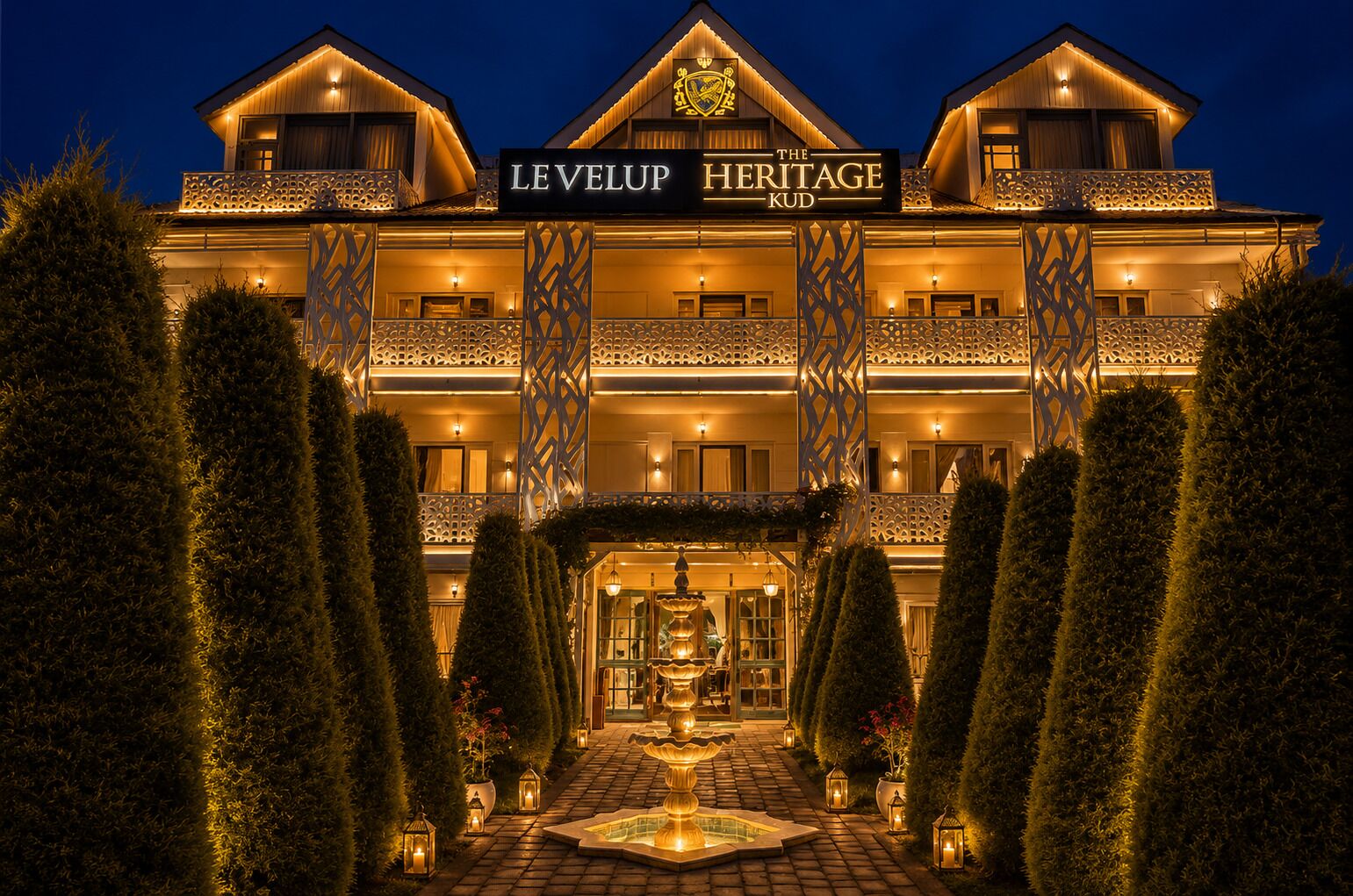 A hotel with a sign reading 'The Heritage Kud' and a well-lit entrance with a fountain.
