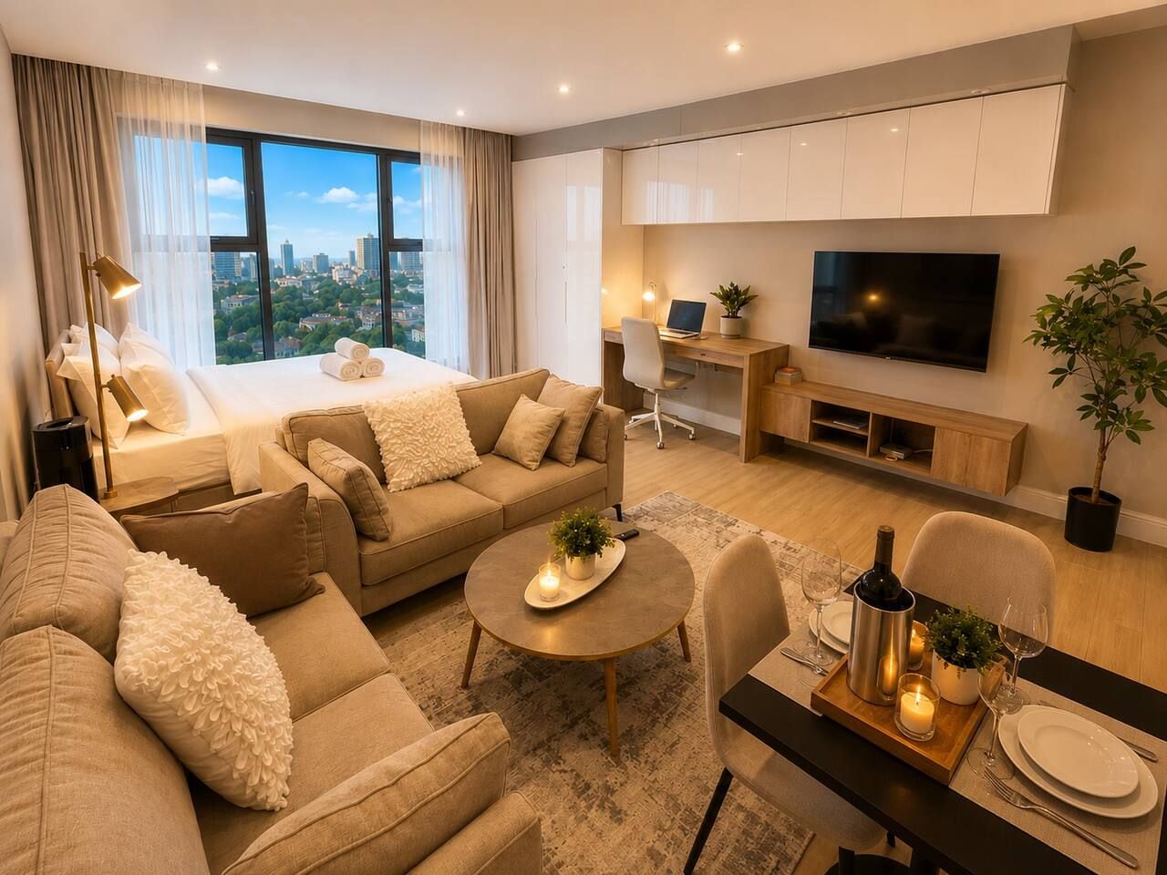A modern living room with a sofa set, a dining table with a bottle and glasses, a TV, and a city view.