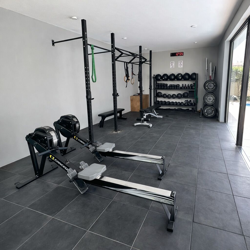 A gym with weightlifting equipment, a pull-up bar, and a bench.