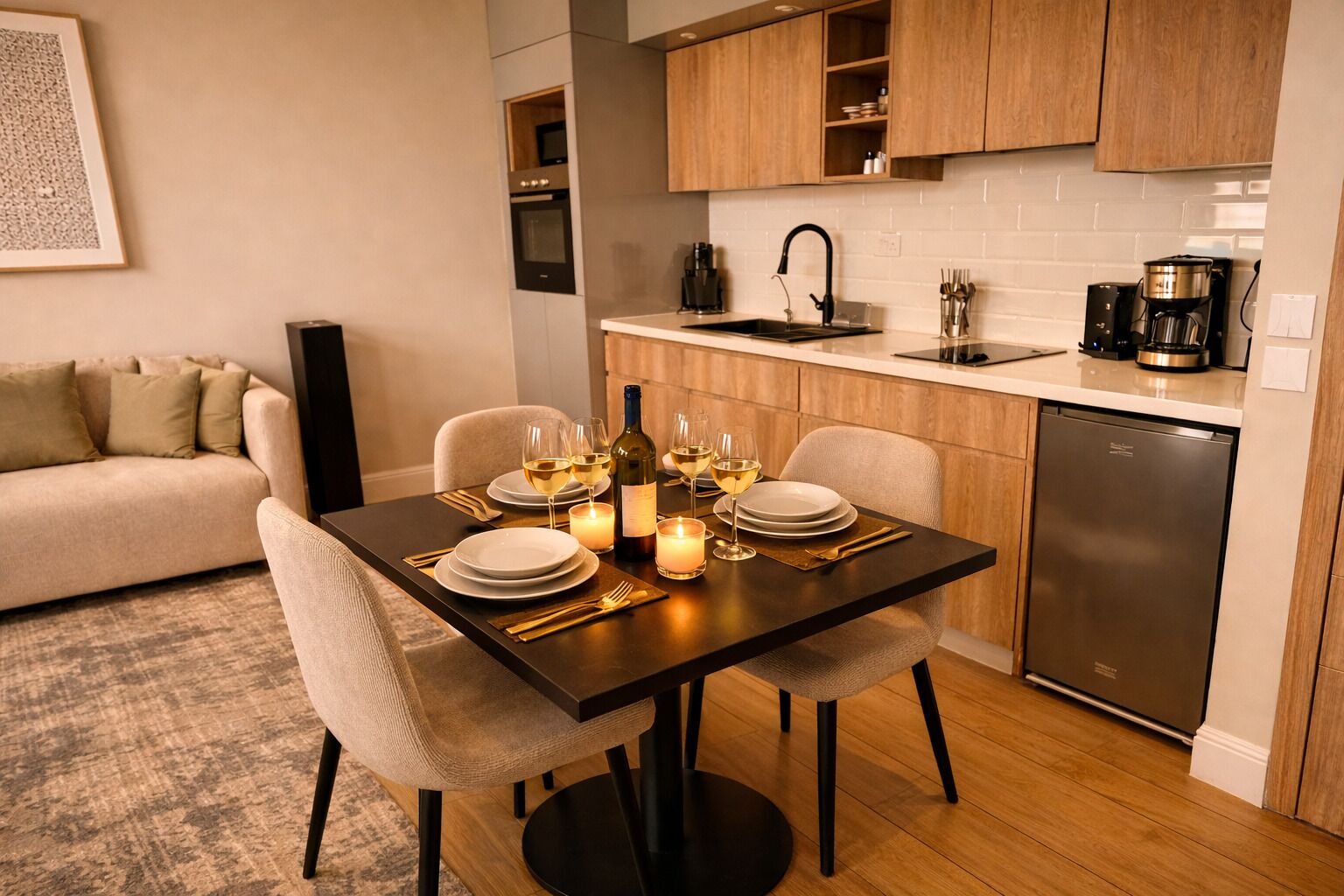 A dining area with a table set for four, a sofa, and a kitchen in the background.