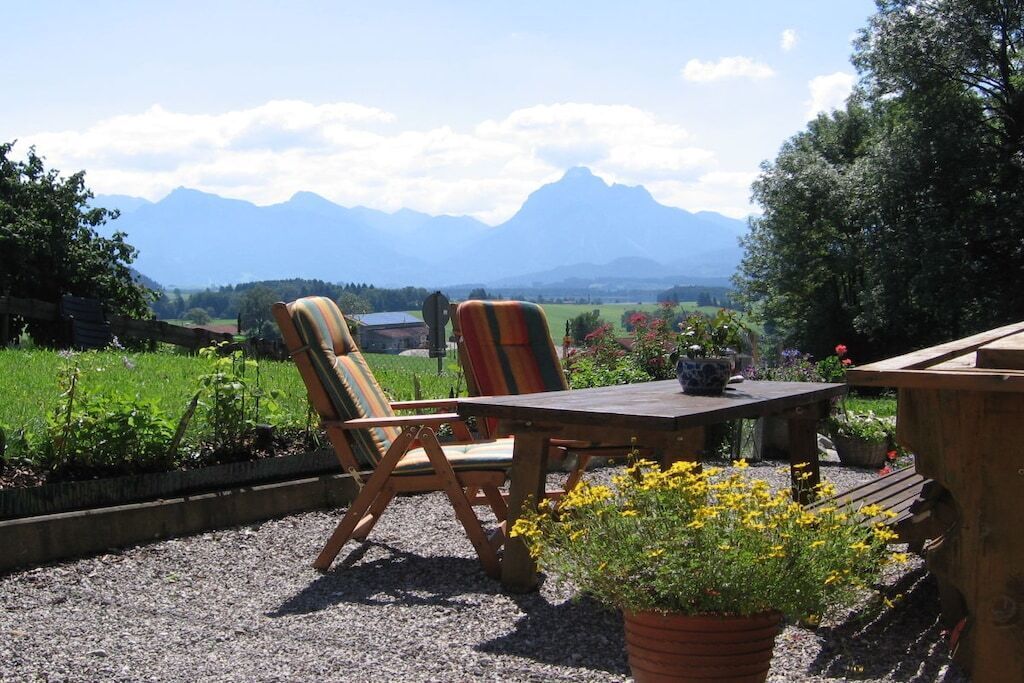 An outdoor seating area with a table and chairs, a potted plant, and a view of mountains.