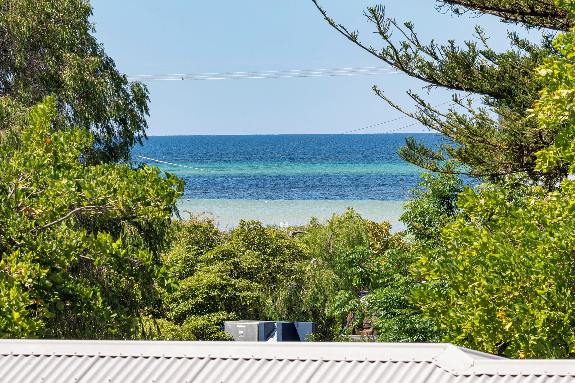 A coastal view with a clear sky, a body of water, and dense greenery.