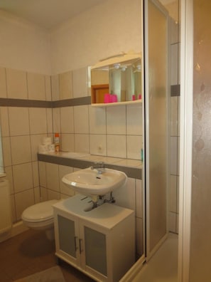 A bathroom with a white sink, a mirror, a toilet, and a shower area. - Apartment 'Zweibettzimmer Am See' with Shared Terrace, Shared Garden and Wi-Fi (Schkeuditz)