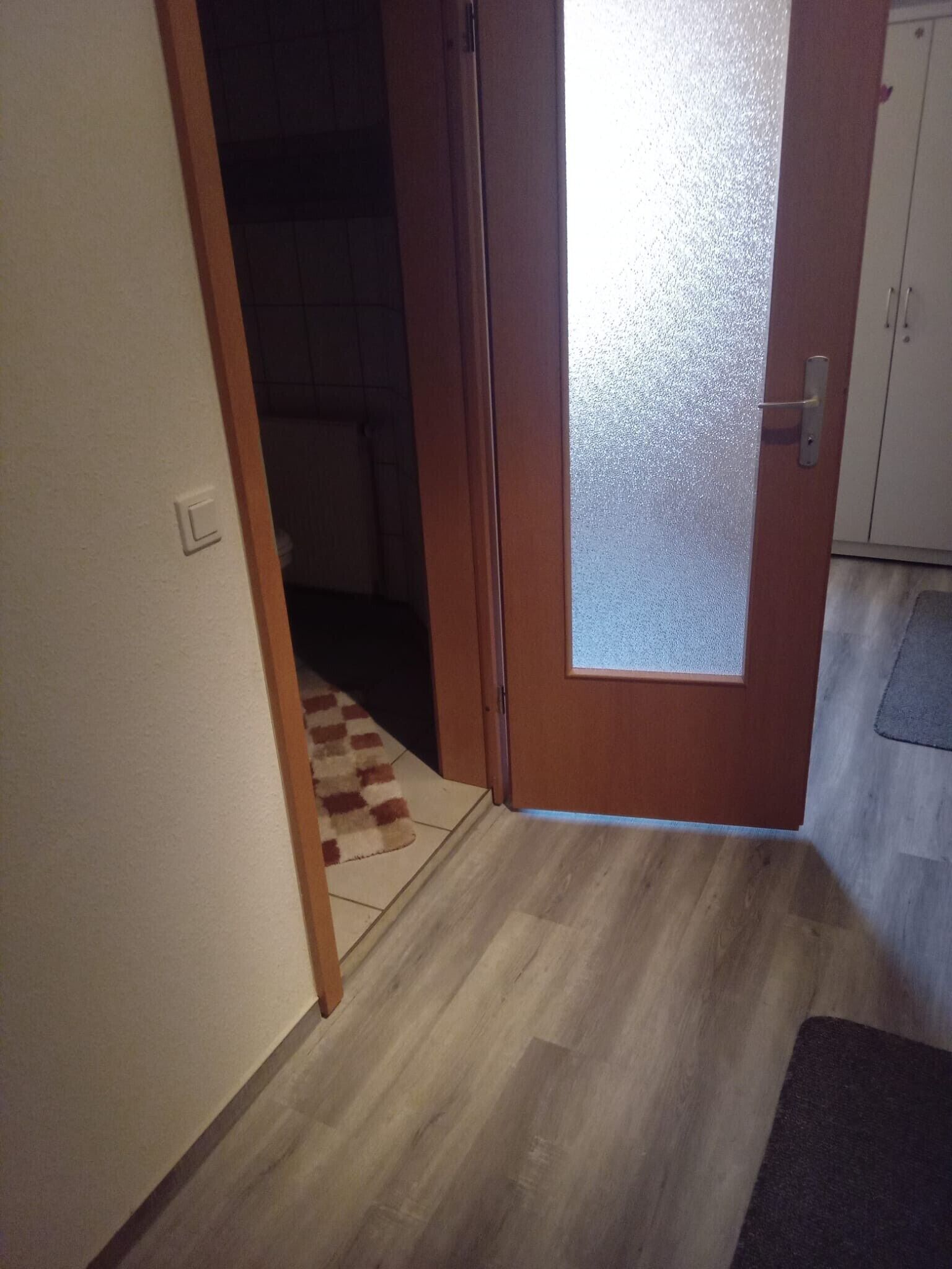 Un pasillo con puerta de madera, suelo de baldosas y una zona alfombrada.