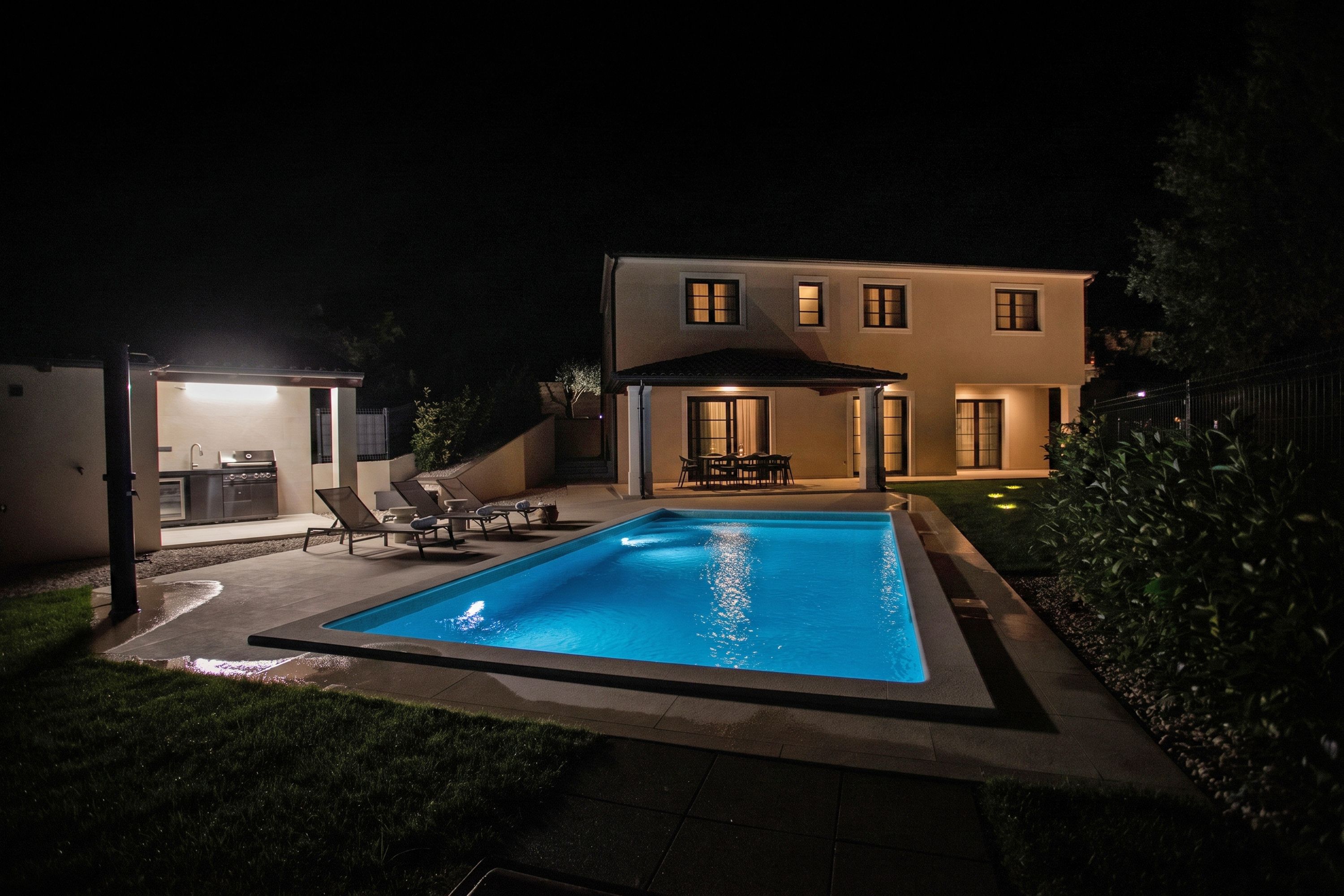 Una piscina con zona de patio, una parrilla para barbacoa y un espacio de estar techado.