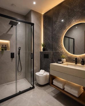 Een moderne badkamer met een douche met glazen wand, een wit toilet en een wastafel met spiegel.