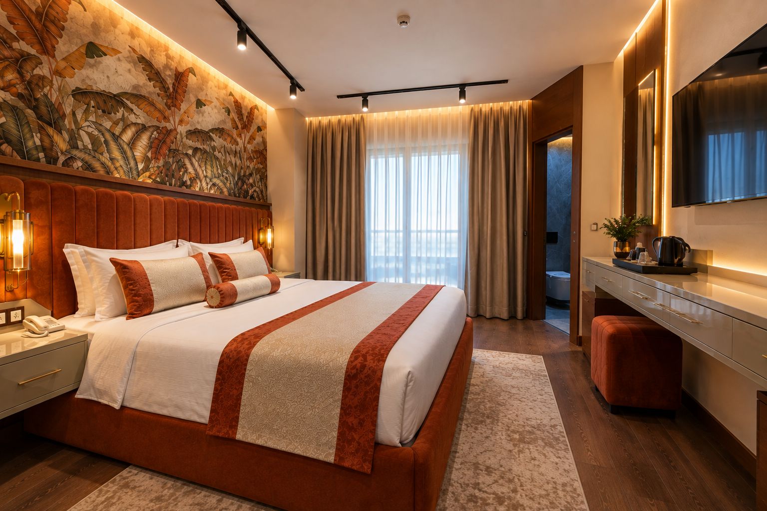 A modern hotel room with a large bed, a desk, a mirror, and a view of the outdoors.