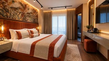A modern hotel room with a large bed, a desk, a mirror, and a view of the outdoors.