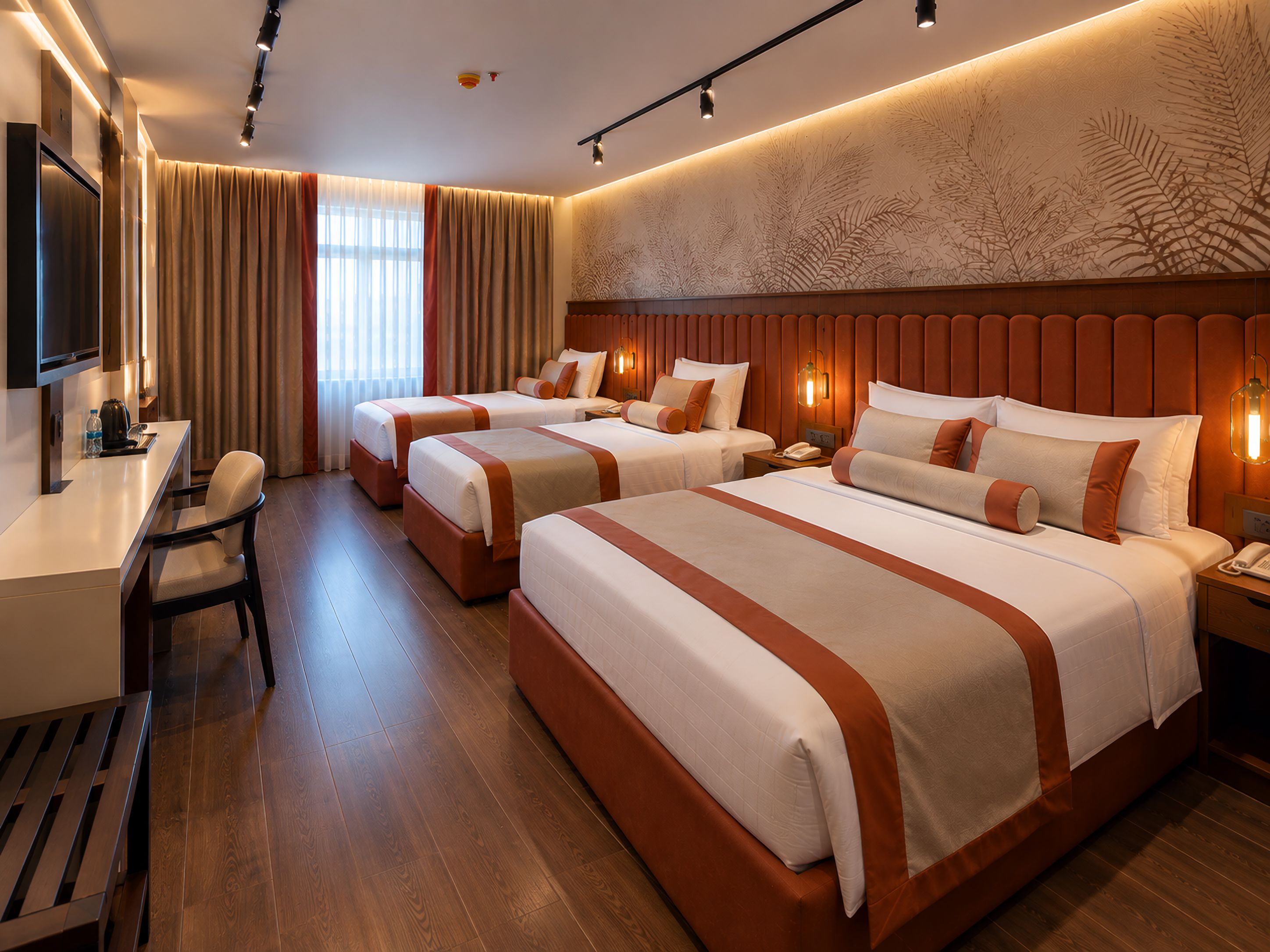 A hotel room with three beds, a desk, and a television.