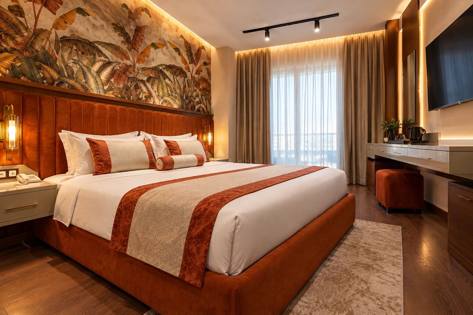 Une chambre d’hôtel avec un grand lit, un bureau, un téléviseur à écran plat et une fresque murale.