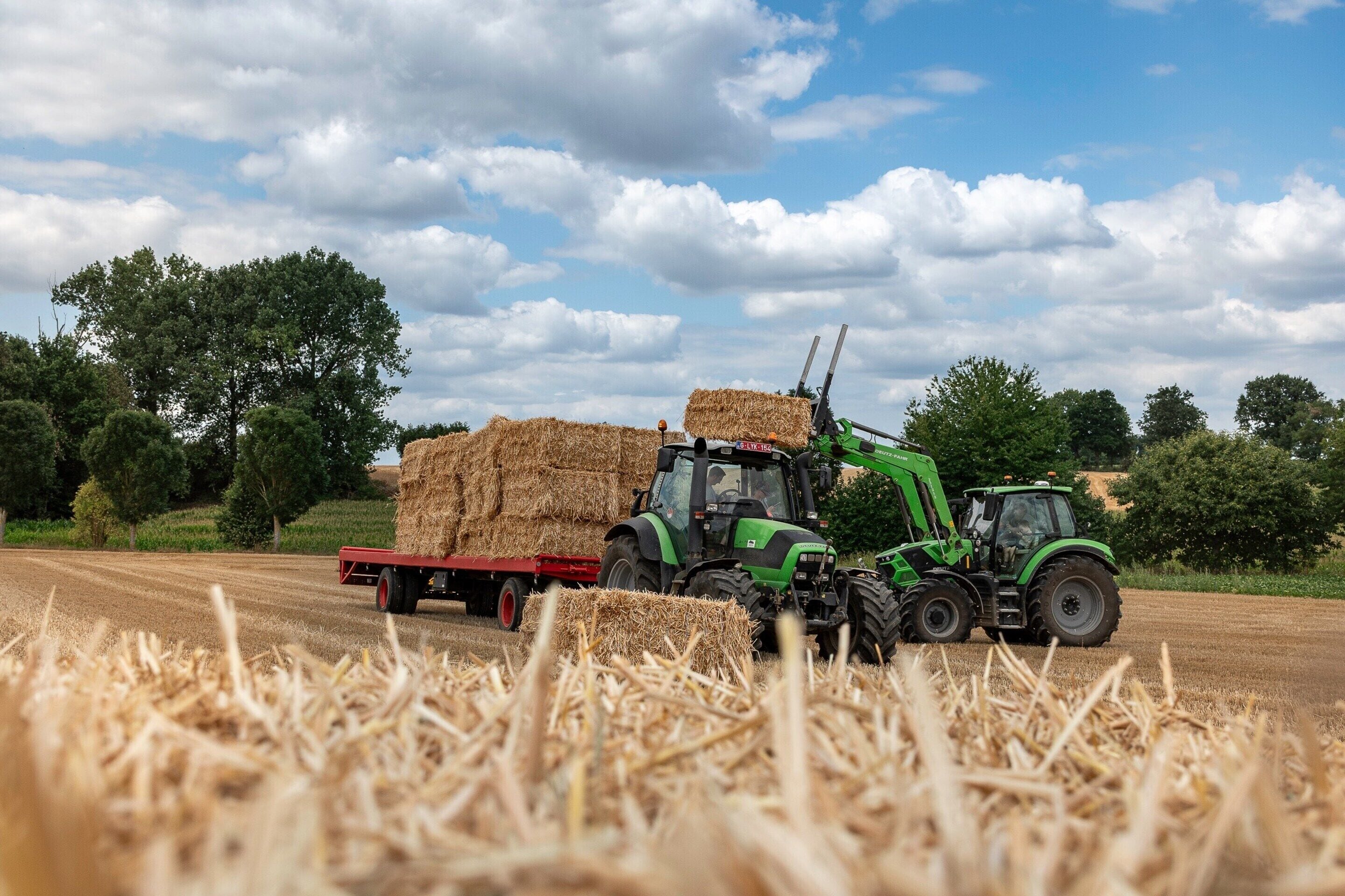 Tractor verde com carreta carregada de fardos de feno em um campo.