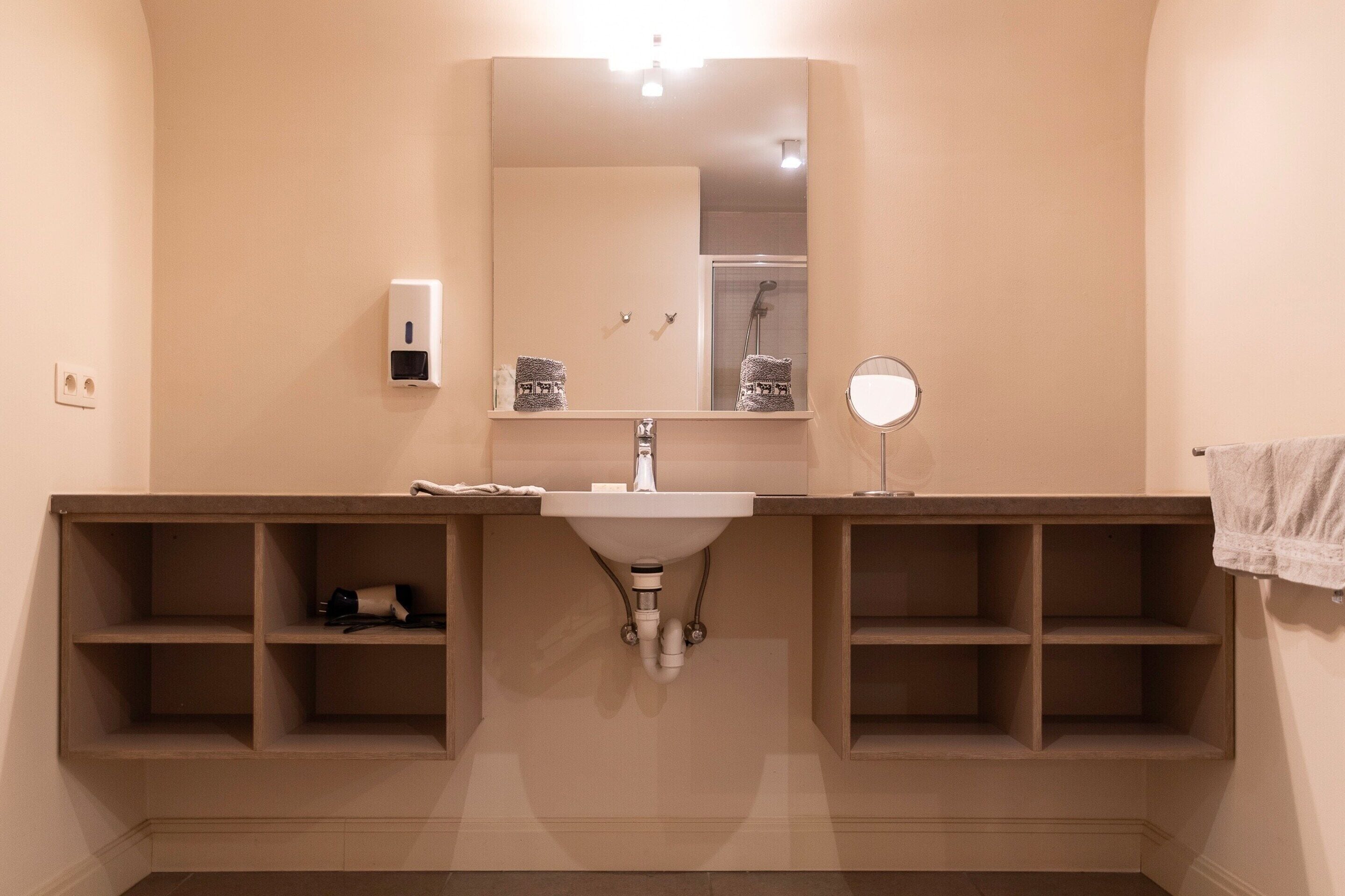 Une salle de bain équipée d’un lavabo, d’un miroir, d’un porte-serviettes et d’un distributeur de savon.