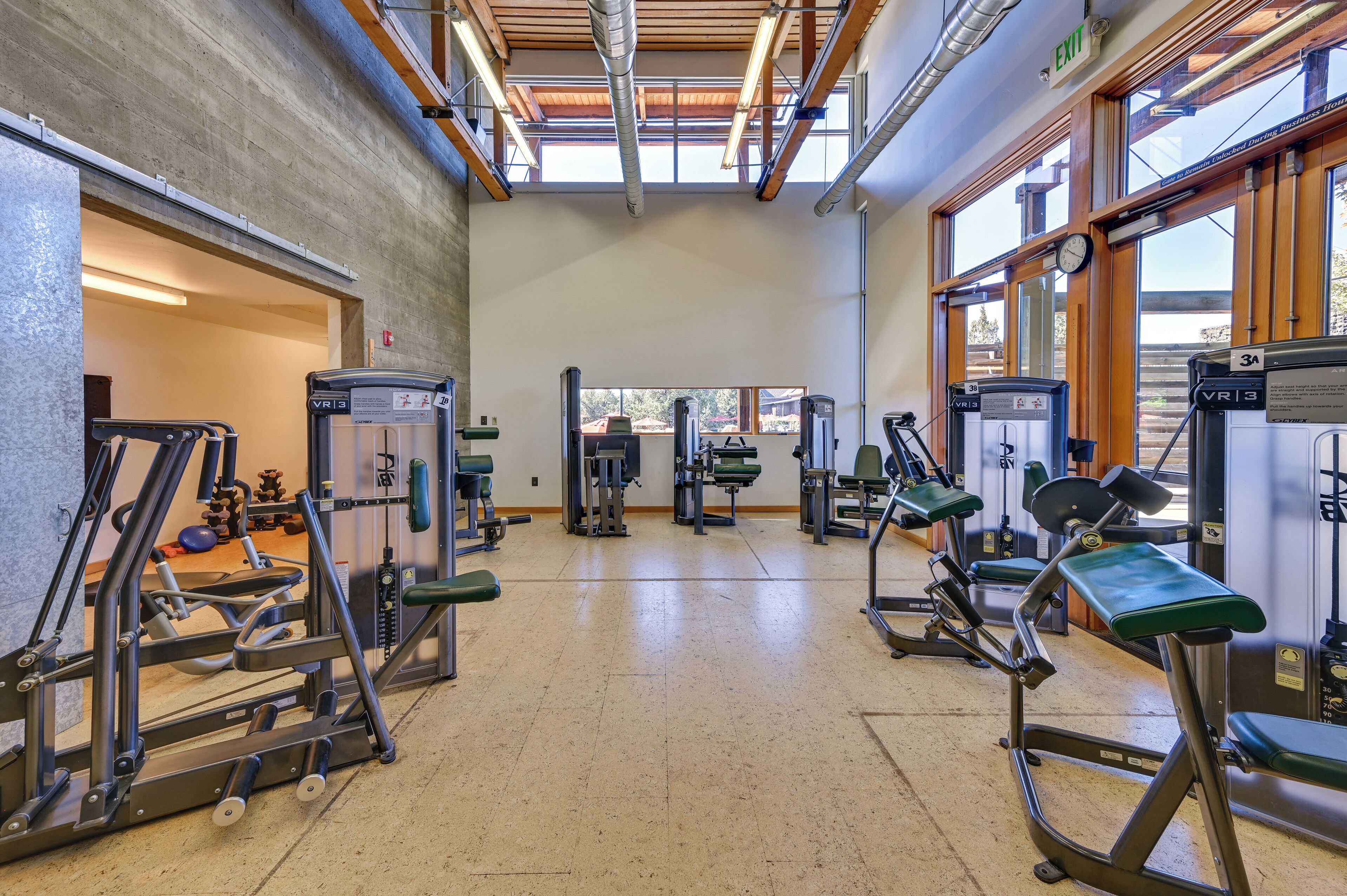 A gym with various exercise machines, a concrete wall, and large windows allowing natural light.