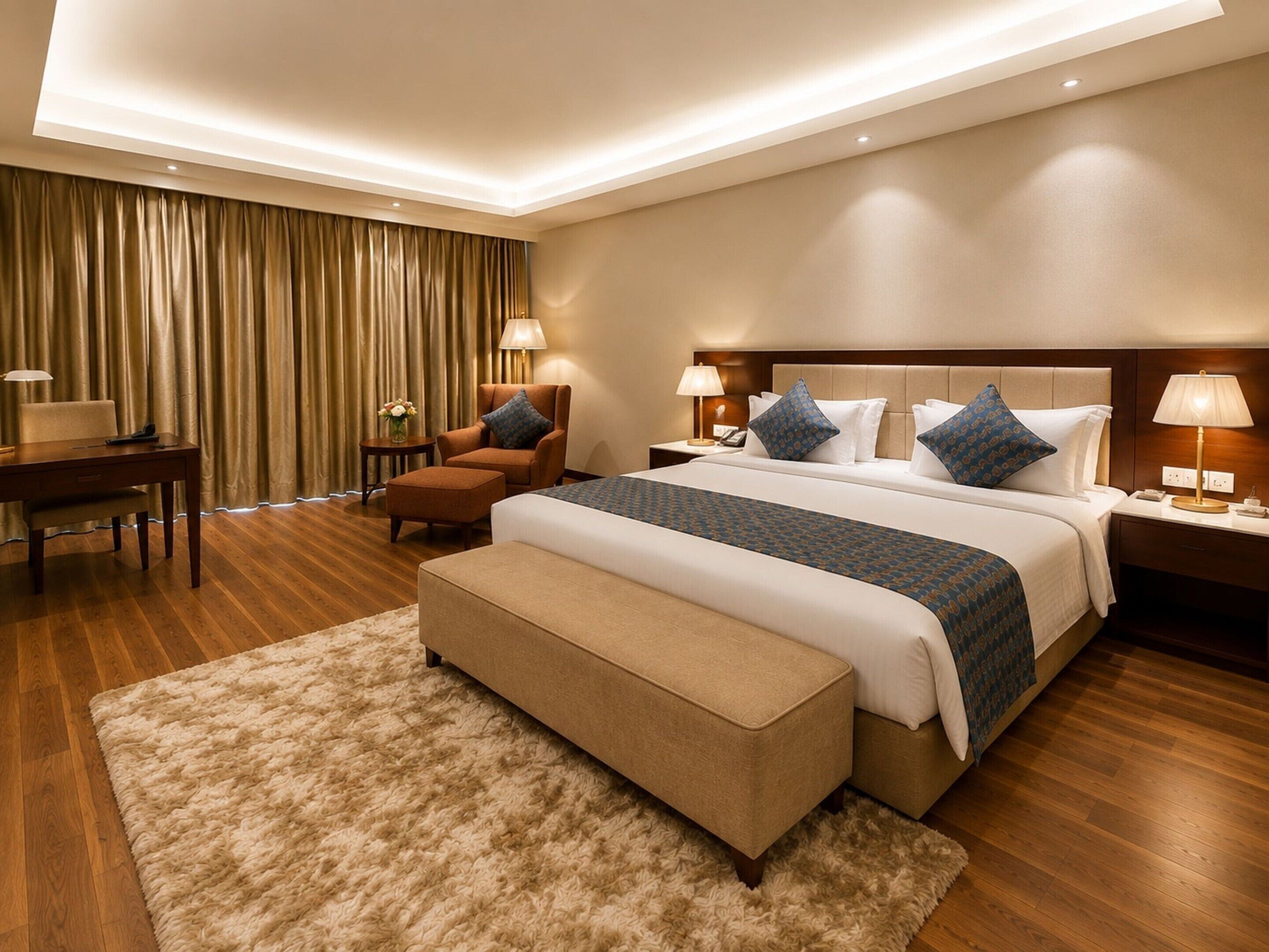 Een hotelkamer met een groot bed, twee nachtkastjes, een stoel, een bureau en een vloerbedekking.
