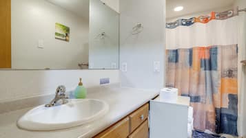 A bathroom with a white sink, a mirror, a towel ring, a toilet paper holder, and a shower curtain.