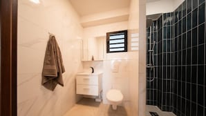 A compact bathroom with a white sink, a white toilet, a towel rack, and a shower area with dark tiles. - Takeoff (SAINTE-MARIE)