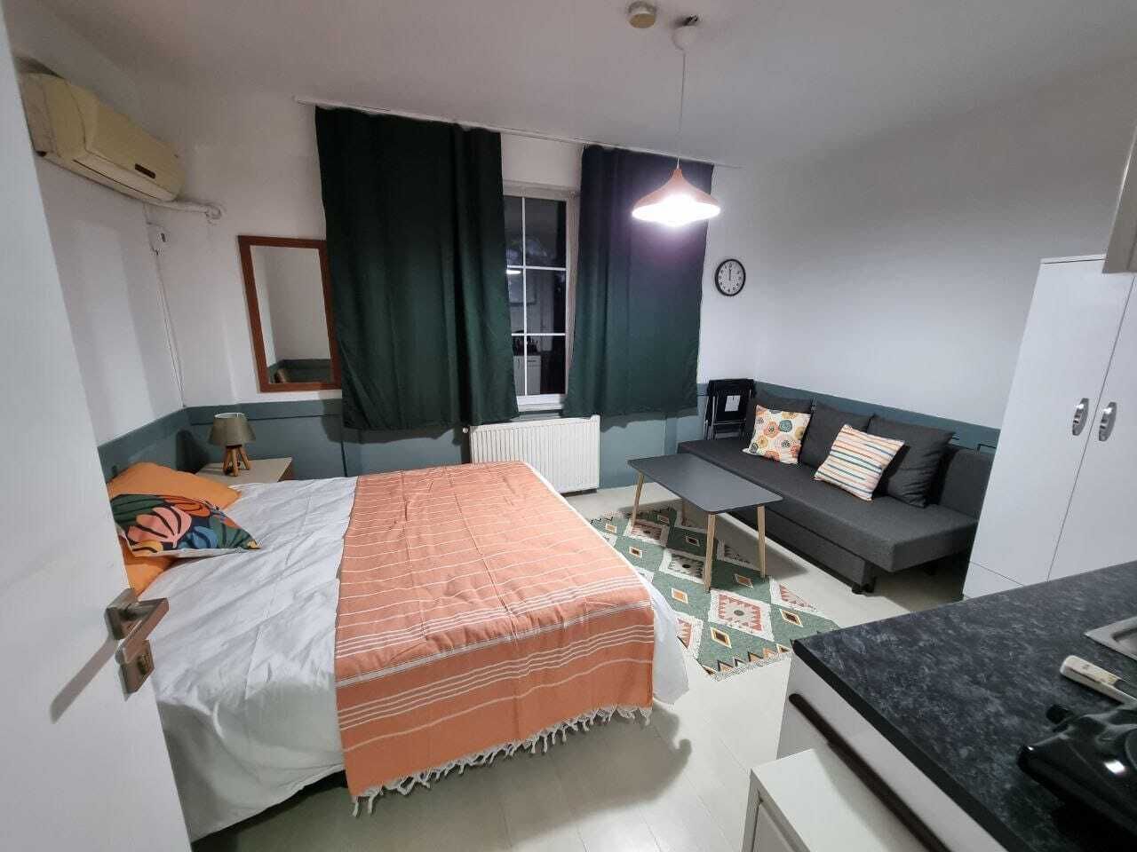Une pièce de taille modeste comprenant un lit, un canapé, une petite table et un coin cuisine.