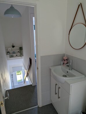 A bathroom with a white sink, a mirror, and a shower area. - Sea Holly, stylish home close to lovely beach (Pembroke)