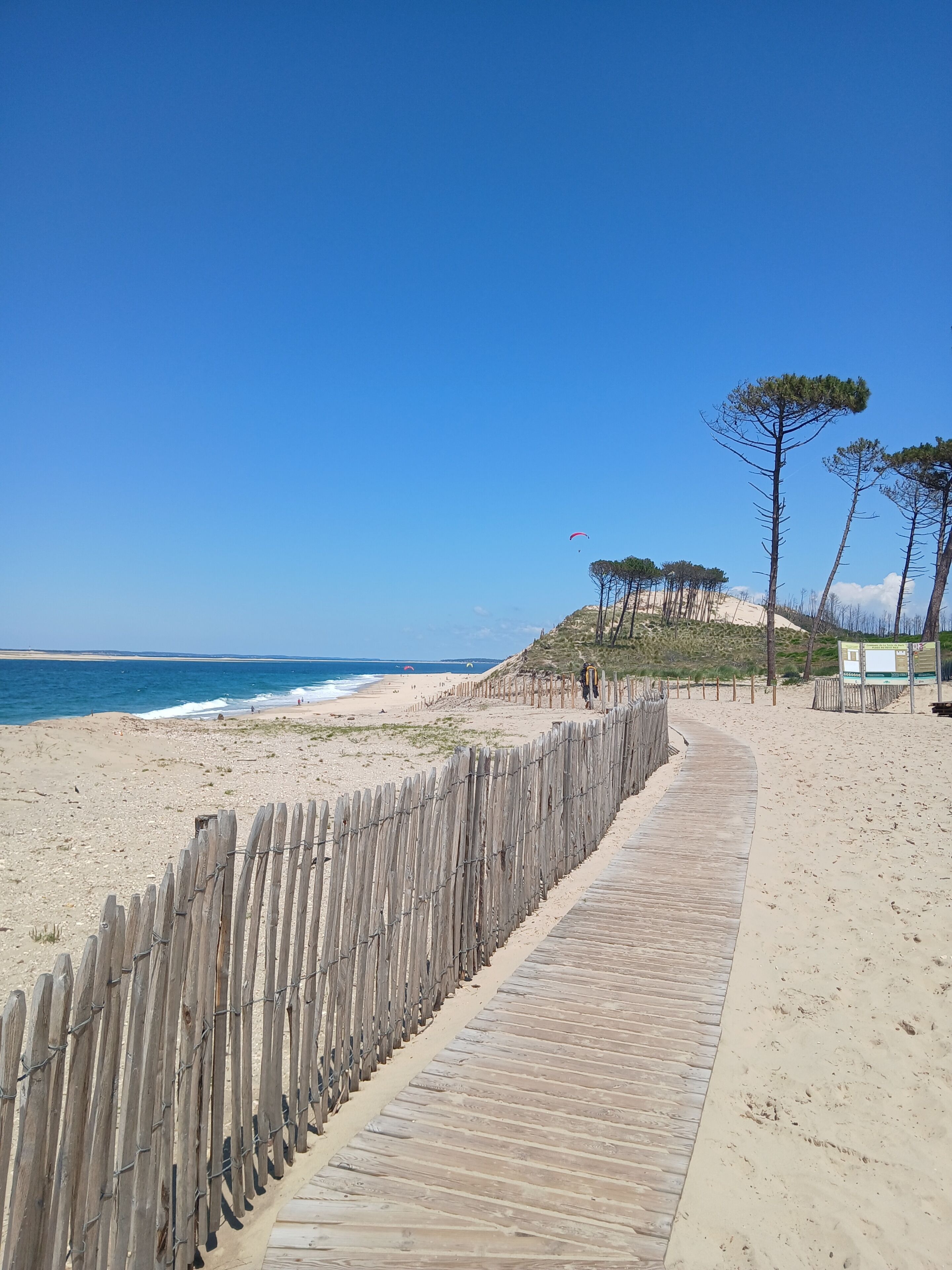 Una pasarela de madera bordeando una playa arenosa con un cielo azul despejado.