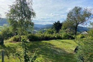 A grassy outdoor area with trees and a view of distant hills. - Holiday apartment with 1 bedroom (Baiersbronn)