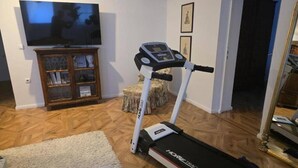 A home fitness area with a treadmill, a television, a cabinet, and a rug. - Stylish living in a 95-square-meter apartment with a great view from the garden (Bad Laasphe)