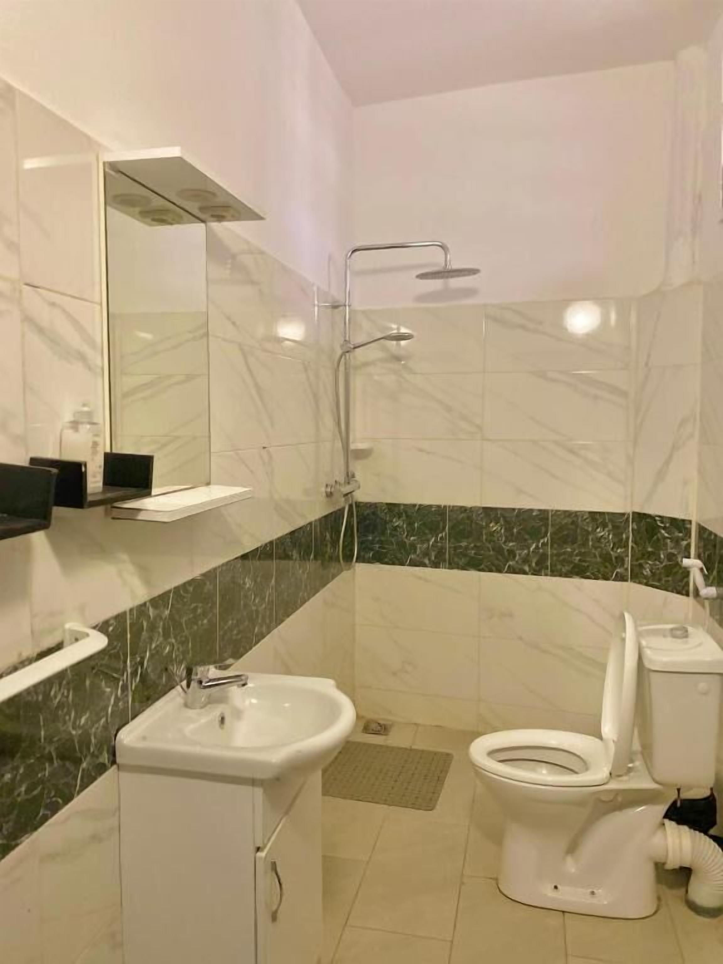 A bathroom with a shower, toilet, sink, and a mirror.