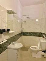 Un baño con ducha, inodoro, lavabo y espejo.