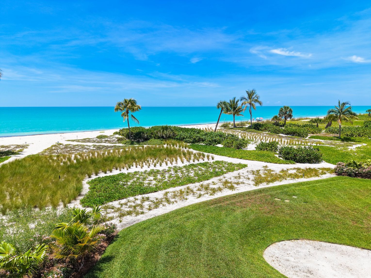 A coastal landscape with a beach, palm trees, and a clear sky.