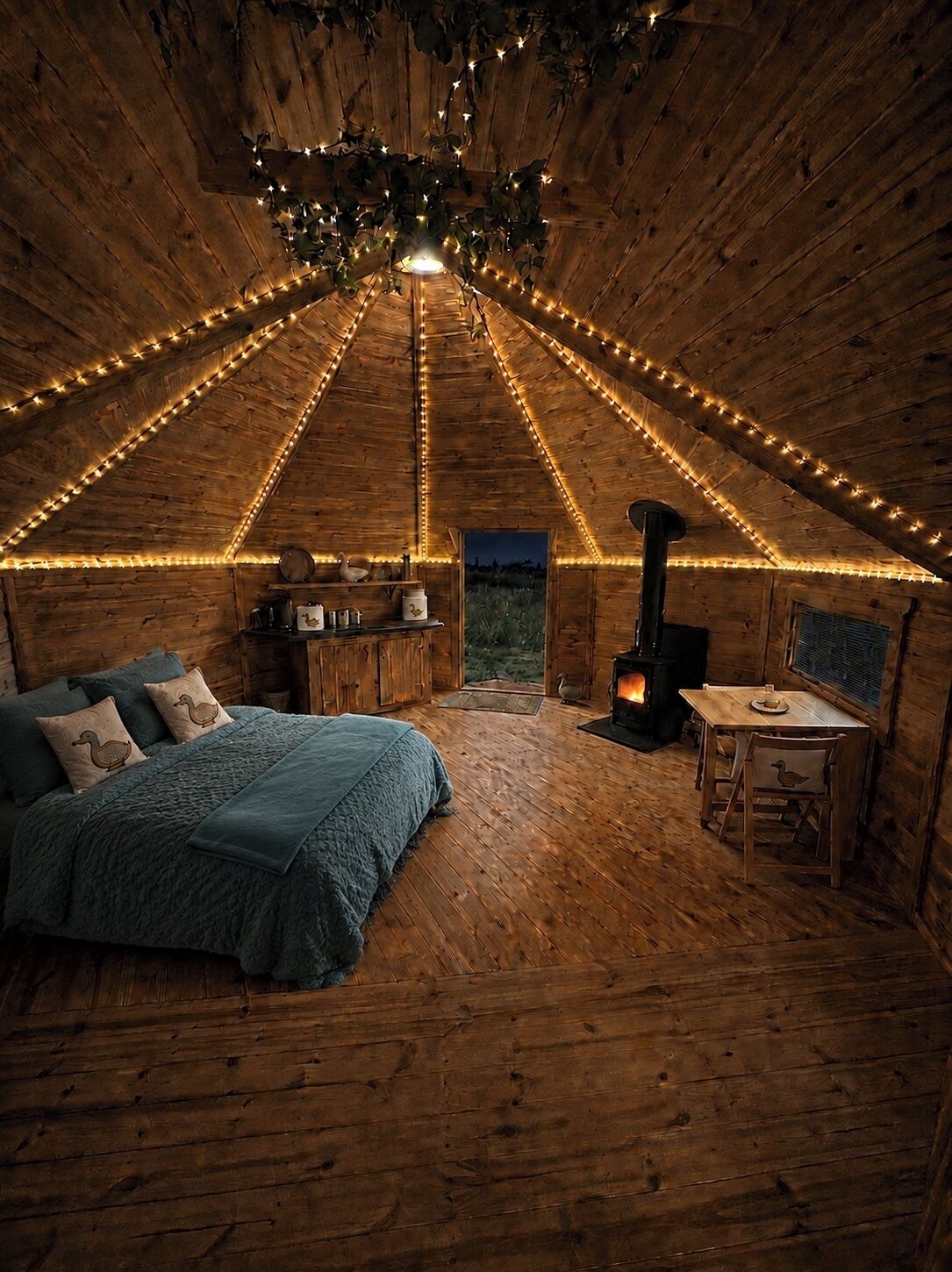 A cozy wooden cabin interior with a bed, table, and fireplace.
