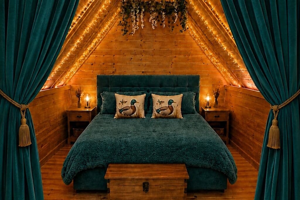 A cozy bedroom with a wooden ceiling, a teal bedspread, and matching pillows.