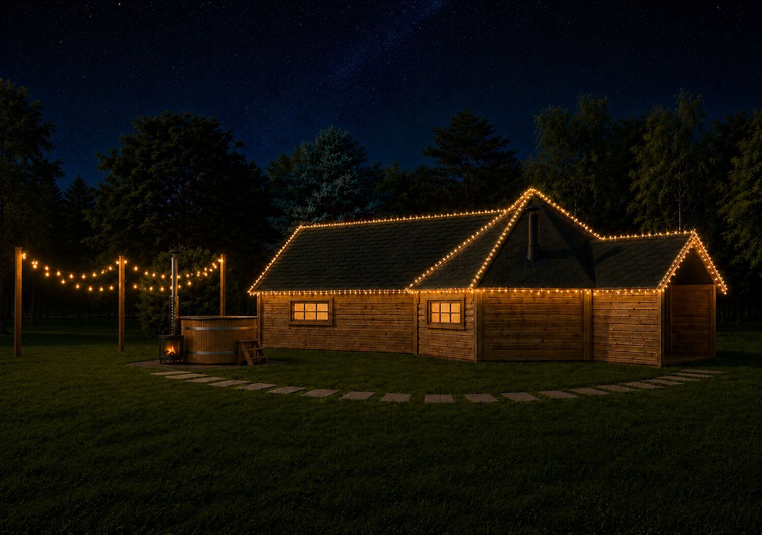 Una cabaña de madera con luces colgantes, una fogata y un cielo nocturno despejado.