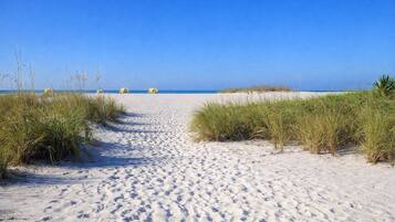 A sandy beach path leading to the ocean with grassy dunes on either side.