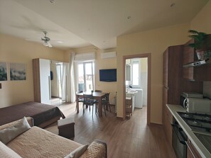 Un ambiente compatto con angolo cottura, zona pranzo e camera da letto.
