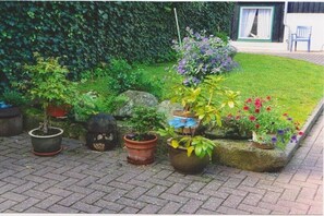 A garden with various potted plants and a lawn. - Holiday apartment with 1 bedroom (Braunlage)
